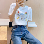 彩虹狐女生棉織衣服夏天短袖t恤女學(xué)生少女重磅純棉T恤女潮牌小眾夏季 純棉-手繪天氣 M
