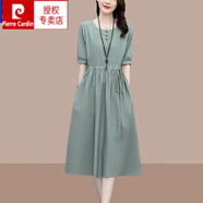 皮爾卡丹（pierre cardin）氣質(zhì)連衣裙2025年新款夏季女中長(cháng)款收腰顯瘦遮肚a字短袖色裙子 豆綠色 XL 建議118-132斤