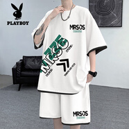 花花公子（PLAYBOY）假兩件短袖T恤男套裝2024夏季新款短褲潮流兩件套休閑家居服裝薄 白色一整套 M