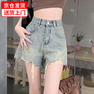 禾戀淑牛仔短褲女夏季外穿女士2024新款美式超短褲寬松熱褲女裝闊腿高腰 破洞牛仔短褲【淺藍(lán)色】 S 【建議 80-95斤】