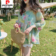 皮爾卡丹娃娃衫上衣夏季女韓版寬松襯衣甜美洋氣a字蓬蓬碎花小衫中袖襯衫 綠色紅花 S 建議100斤以下