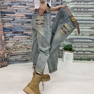 上流匯2025年新款春季哈倫牛仔褲女梨形身材褲子顯瘦百搭九分老爹褲女裝 A藍(lán)色(高品質(zhì)) M (95-110斤拍)