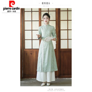 皮爾卡丹仙氣漢服日常禪意茶藝師服裝采耳古箏養生館新中式旗袍連衣裙 秋冬款553綠色連衣裙+白褲子 S