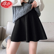 浪莎（LangSha）針織百褶半身裙女秋冬款加厚毛線(xiàn)高腰顯瘦蓬蓬短裙小個(gè)子a字傘裙 黑色 L
