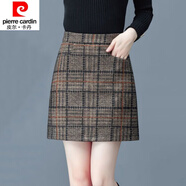 皮爾卡丹（pierre cardin）23年新款秋冬季毛呢半身裙裙女韓版百搭高腰加厚裙格子一包臀臀 咖啡色格子松緊腰 M