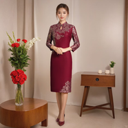 唐奕旗袍中國風(fēng)加絨加厚冬季改良旗袍喜婆婆婚宴禮服媽媽裝毛呢連衣裙 酒紅色 5XL