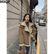 MXQP皮毛一體羊羔毛絨外套女秋冬季加厚2025新款拼接棉衣服機車服棉襖 咖色 M 【100-120斤】