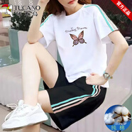 啄木鳥(niǎo)休閑運動(dòng)服套裝女夏2025新款韓版大碼寬松學(xué)生短袖短褲跑步兩件套 三色字母蝴蝶[黑白套裝] 2XL [建議130-145斤]