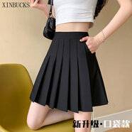 XINBUCKS口袋款百褶裙女短裙高腰顯瘦a字裙松緊腰半身裙春夏秋學(xué)生JK裙子 黑色（口袋款） M碼 85-105斤