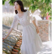 依伊純蕾絲刺繡2024夏裙子新款顯瘦氣質(zhì)茶歇法式復古小眾仙女蕾絲連衣裙 白色 L 建議110-120斤