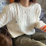JSNY SPORT春季新品美國拉夫勞倫外套麻花毛衣女羊毛圓領(lǐng)針織衫 白色套頭小馬 M