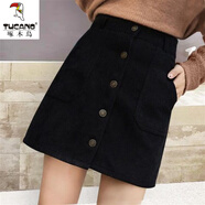 啄木鳥(niǎo)高腰燈芯絨半身裙a字裙短裙2025新款秋冬季單排扣顯瘦復古韓版 黑色 L