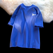 嘉曄 五分短袖t恤男夏季寬松圓領(lǐng)休閑T恤上衣服男學(xué)生青年短袖T恤 彩藍色 L 100斤