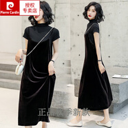 皮爾卡丹（pierre cardin）絲絨連衣裙春秋新款金絲絨打底裙寬松背心裙吊帶氣質(zhì)無袖A版長(zhǎng)裙 咖色+黑色短 袖 4XL 155-165斤