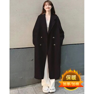 芭雅蓮胖mm大碼女裝中長款大衣毛呢外套女秋冬寬松顯瘦過膝ins夾棉風(fēng)衣 黑色（夾棉） 加厚 2XL