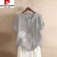 皮爾卡丹（pierre cardin）今年流行的亞麻上衣夏季復(fù)古休閑寬松棉麻短袖套頭T恤棉麻女裝 灰色蒲公英 XL 【130-145】