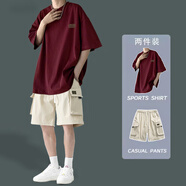 卡度頓酒紅色短袖T恤套裝男夏季寬松半袖體恤男裝穿搭學(xué)生帥氣一套衣服 酒紅色+卡其色 2XL