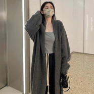 季珍菲灰色中長款過膝毛衣外套女春秋冬季慵懶風加厚百搭針織衫開衫大衣 均碼建議90-125斤