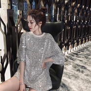 BMOI韓版春夏中長(cháng)款bf風(fēng)寬松半袖亮片重工T恤上衣亮閃閃寬松連衣裙 白銀色 (銀亮片杏色里布) L
