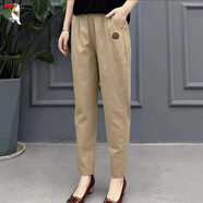 啄木鳥純棉春秋棉麻長(zhǎng)褲大碼女裝哈倫褲女式高腰松緊褲中年媽媽裝特 卡其色【棉質(zhì) 優(yōu)質(zhì)版不易起 輕薄 XL 【建議110-120斤】