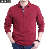 吉普（JEEP）長(cháng)袖T恤男春秋季新款商務(wù)休閑寬松翻領(lǐng)純色棉質(zhì)男裝上衣打底衫 PS0001款紅色 XL(建議146-160斤)