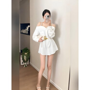 NYIG春季新款法式氣質(zhì)一字露肩長袖襯衫連衣裙女收腰顯瘦短款吊帶短裙 白色襯衣連衣裙 XL