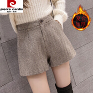 皮爾卡丹（pierre cardin）加厚毛呢千鳥格短褲女2023秋冬新款高腰a字闊腿短褲冬季外穿褲靴 咖格 有里布/復(fù)合加厚 S
