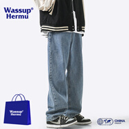 WASSUP HERMU官方牛仔褲男春夏季復(fù)古美式潮牌黃泥染直筒褲水洗做舊休閑長(zhǎng)褲子 淺中藍(lán)（款） 常規(guī) L（推薦120-130斤）