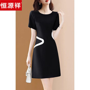 恒源祥印花綢緞連衣裙女夏季法式赫本風(fēng)氣質(zhì)名媛輕奢收腰小黑裙子女 黑色 M 【95-105斤】