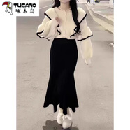啄木鳥(niǎo)（TUCANO）2025早秋季新款小個(gè)子韓系套裝小香風(fēng)魚(yú)尾毛衣針織連衣裙子女春秋 杏色毛衣+裙子 40/45kg/S