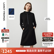 朗姿設(shè)計(jì)感復(fù)古休閑連帽收腰輕運(yùn)動(dòng)衛(wèi)衣連衣裙冬季新款裙子 黑色2 M