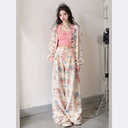 伊薇衣2025秋裝搭配一整套穿搭小香風(fēng)今年流行時(shí)尚杏色印花闊腿褲套裝 上衣 褲子 L