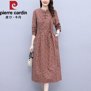 皮爾卡丹（pierre cardin）中長(cháng)裙碎花裙棉麻連衣裙2025春秋收腰長(cháng)袖媽媽氣質(zhì)顯瘦裙子a字裙 6137粉色 XL (建議115-125斤)