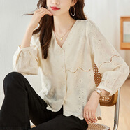 TBRK品牌女裝 V領(lǐng)繡花鏤空杏色襯衫女夏季新款減齡甜美風(fēng)純棉短袖襯衣 杏色 長(cháng)-袖 M