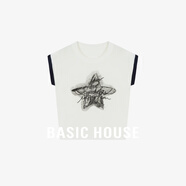 Basic House/百家好2025夏季新款撞色星星印花針織短袖T恤上衣 白色 M 90-120斤