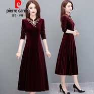 皮爾卡丹（pierre cardin）金絲絨長(zhǎng)袖連衣裙中老年高貴氣質(zhì)旗袍婚慶演出走秀大擺長(zhǎng)裙針織 酒紅色 做工精致 2XL 建議120-130斤