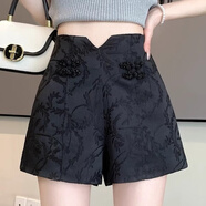 BJORN MOAN高腰顯瘦復古國風(fēng)提花盤(pán)扣中式A字薄款闊腿褲短褲熱褲女夏三分褲 黑色 S