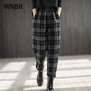 WNBR格子哈倫褲女2024秋冬新款韓版百搭寬松高腰直筒束腳休閑褲 黑色(不加絨) 3XL 150-165斤