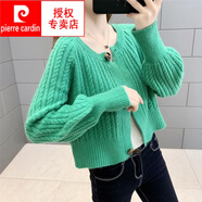 皮爾卡丹（pierre cardin）短款開衫毛衣外套女春秋韓版寬松小個子針織開衫上羊絨打底衫 綠色 S建議80-95斤