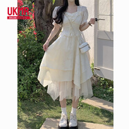 UKMR法式白色連衣裙女春夏季小個子紗裙蛋糕蓬蓬公主仙女長裙裙子小白 白杏色【學院風/收腰/減齡/顯高/ S (80-95斤)