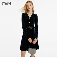 歌莉婭（GOELIA）連衣裙V領(lǐng)法式服裝絲絨裙子黑色禮服裙1C1R4H210 00B黑色 XXS