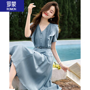 羅蒙（ROMON）短袖連衣裙女裝夏季2025新款顯瘦氣質(zhì)度假溫柔系荷葉邊中長款裙子 海鹽藍(lán) L