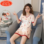 韓悅琦仿真絲睡衣女夏冰絲韓版絲綢夏天睡衣學(xué)生女人薄款套裝家居服外穿 坑條 桃心 米白 M （體重80-100斤)