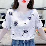 詩(shī)婭達夏季T恤女短袖韓版2025新款體恤女裝洋氣小眾字母時(shí)尚寬松上衣 水墨花 XL 建議125-140斤