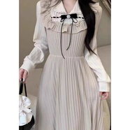 圣保美黑色赫本風連衣裙秋冬季2024新款假兩件女裝小個子法式氣質長裙子 杏色 2XL 碼