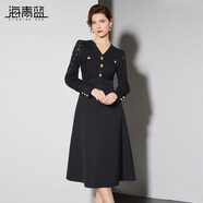 海青藍(lán)蕾絲拼接連衣裙女長袖2024秋裝新款高級(jí)感輕熟風(fēng)收腰裙子顯瘦氣質(zhì) 黑色 S