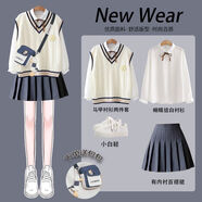 梓洛蘭ZiLuolan2025秋季少女兩件套毛衣針織三件套學(xué)生學(xué)院寬松韓版馬甲 米白馬甲+絲帶襯衫+灰百褶裙 493 S 建議70-90斤
