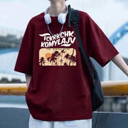 LEERYETOM復古港風(fēng)短袖ins美式棉體恤衫寬松休閑半袖潮牌上衣夏季新款 酒紅色【KON】 重磅棉 XL 125-150斤