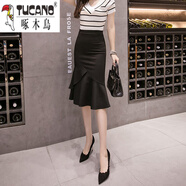 啄木鳥(niǎo)遮肉彈性半身裙2025新款夏天魚(yú)尾裙時(shí)尚高腰包臀裙修身顯瘦春秋潮 黑色 S 建議90斤以下
