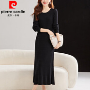 皮爾卡丹（pierre cardin）秋冬針織連衣裙2024新款女直筒寬松加長(zhǎng)款內(nèi)搭打底毛衣裙過膝裙子 黑色 2XL